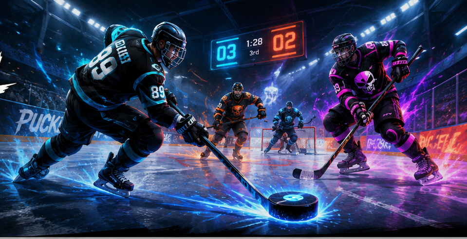 Two rival skaters battle for the puck under arena lights